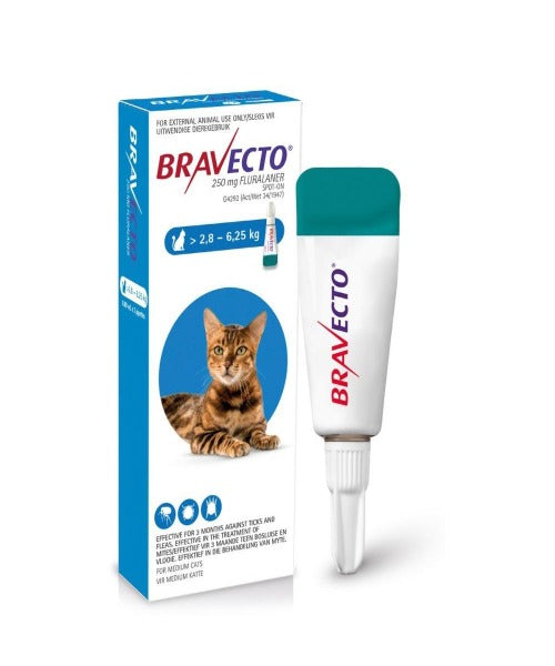 Bravecto Spot On Tick Flea Treatment for Medium Cats 250MG 2.8 6.25 The Pet Tack Shop