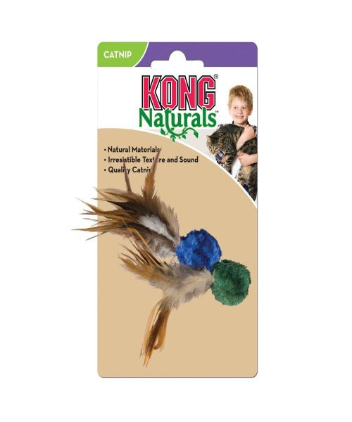 KONG Natural Crinkle Ball Plush Toy with Feathers, available in Tan & White or Blue & Green - Pet Mall